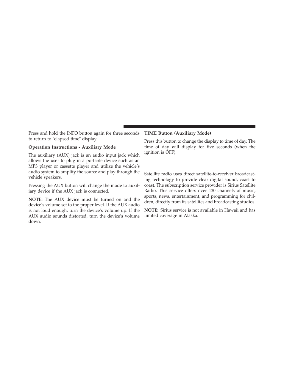 Operation instructions - auxiliary mode, Time button (auxiliary mode), Uconnect™ multimedia (satellite radio) — if | Equipped | Jeep 2013 Compass User Manual | Page 284 / 517