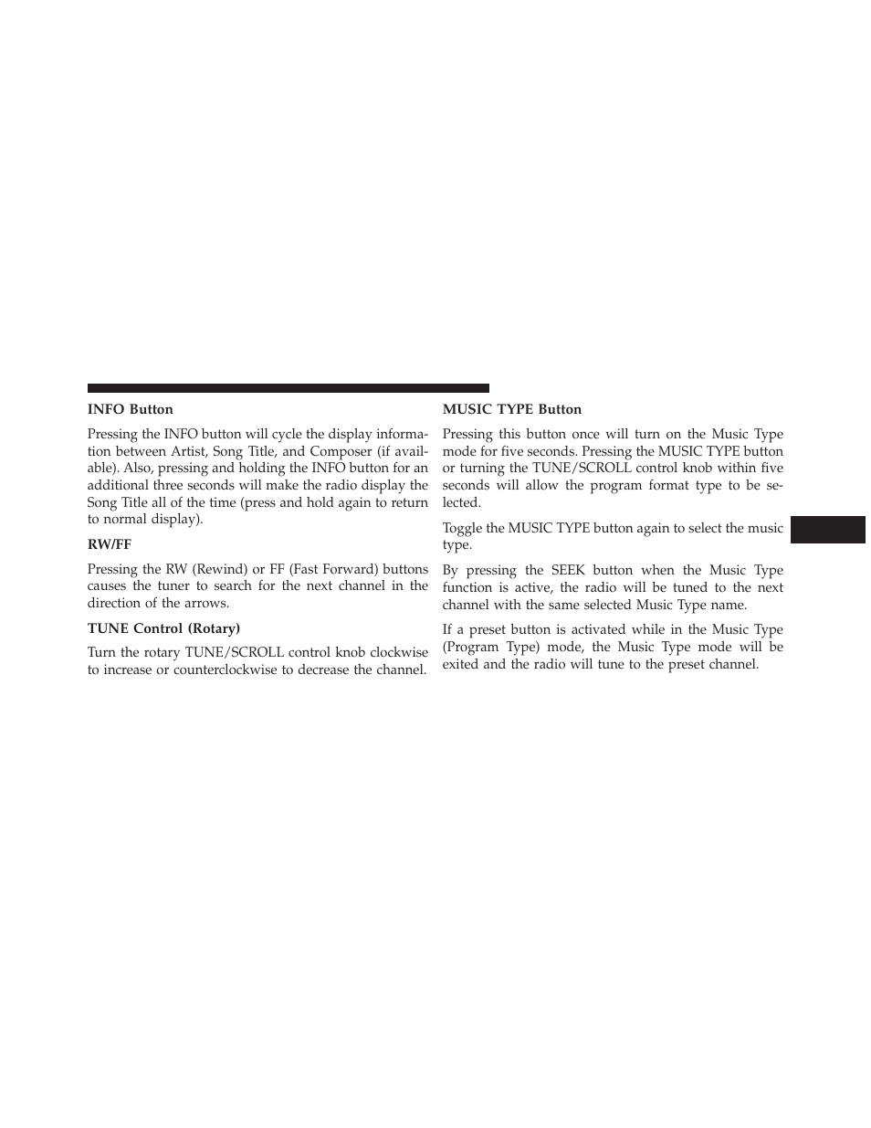 Info button, Rw/ff, Tune control (rotary) | Music type button | Jeep 2013 Compass User Manual | Page 287 / 517