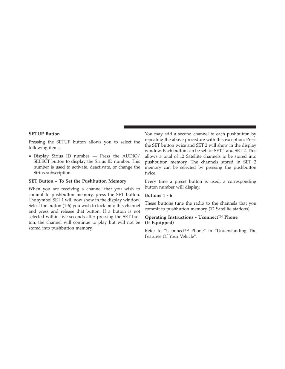 Setup button, Set button – to set the pushbutton memory, Buttons 1 - 6 | Jeep 2013 Compass User Manual | Page 288 / 517