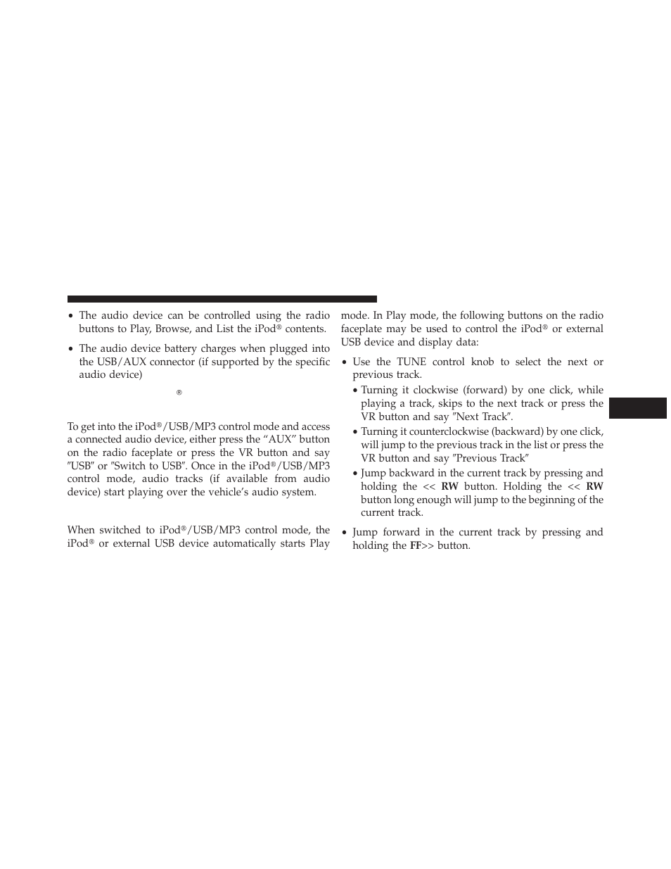 Play mode, Controlling the ipod௡ or external usb device, Using radio buttons | Jeep 2013 Compass User Manual | Page 291 / 517