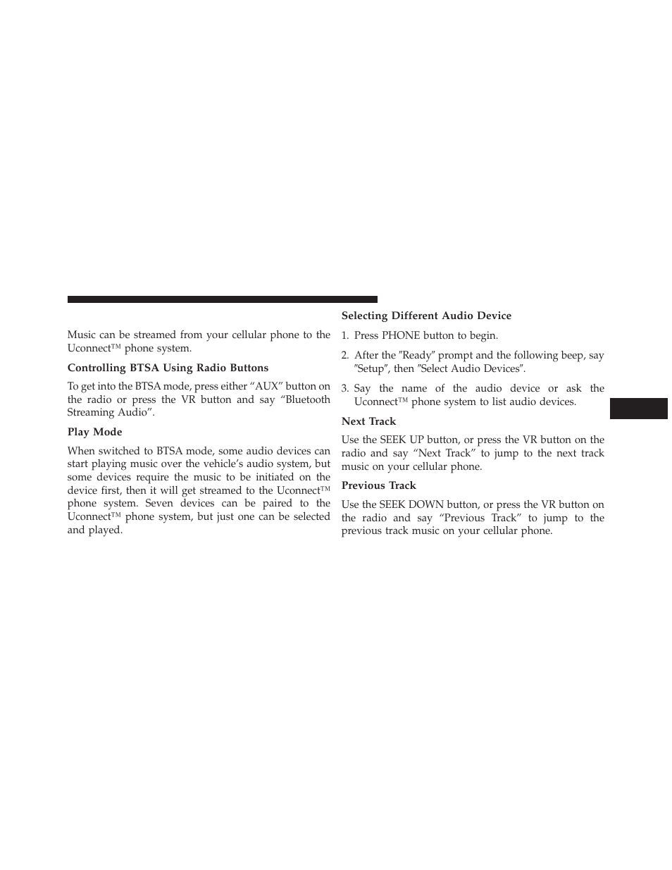 Bluetooth streaming audio (btsa), Controlling btsa using radio buttons, Play mode | Selecting different audio device, Next track, Previous track | Jeep 2013 Compass User Manual | Page 295 / 517