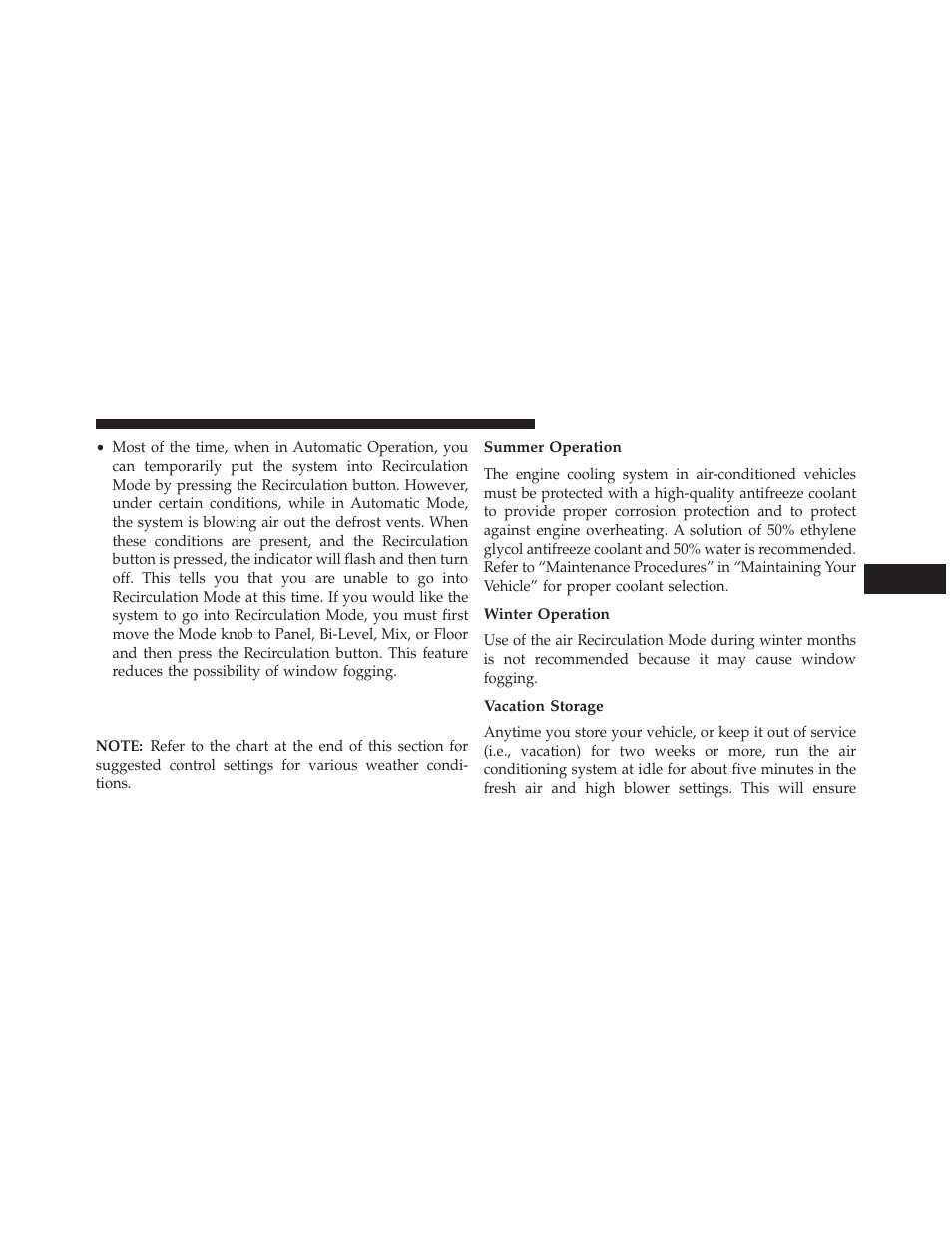 Operating tips, Summer operation, Winter operation | Vacation storage | Jeep 2013 Compass User Manual | Page 309 / 517