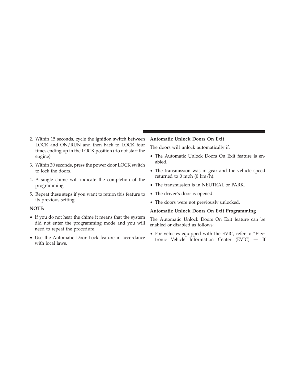 Automatic unlock doors on exit, Automatic unlock doors on exit programming | Jeep 2013 Compass User Manual | Page 34 / 517