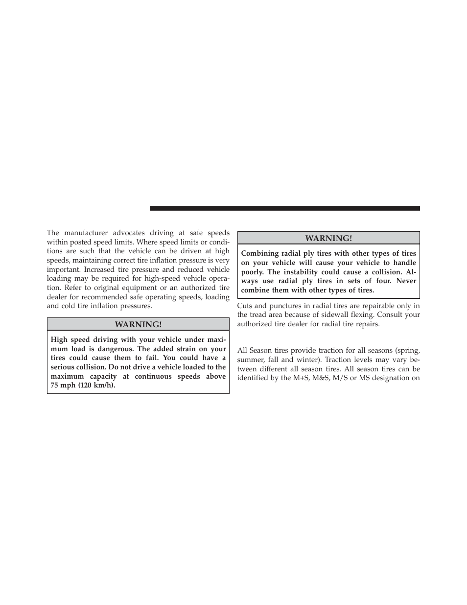 Tire pressures for high speed operation, Radial ply tires, All season tires – if equipped | Jeep 2013 Compass User Manual | Page 364 / 517