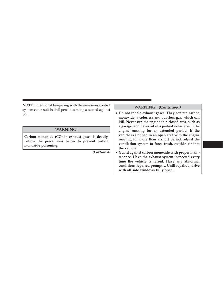 Carbon monoxide warnings | Jeep 2013 Compass User Manual | Page 387 / 517