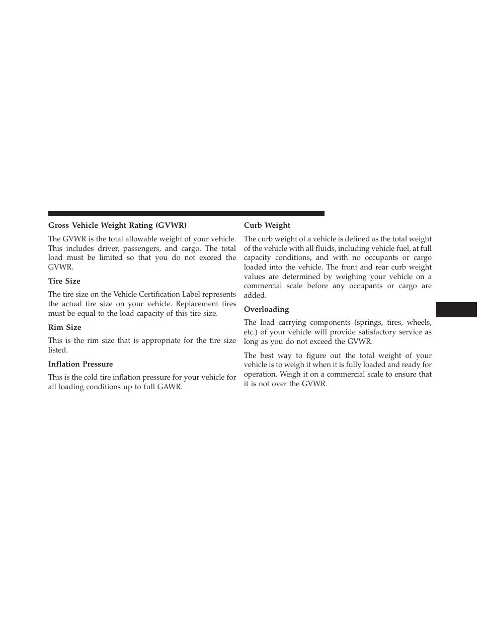 Gross vehicle weight rating (gvwr), Tire size, Rim size | Inflation pressure, Curb weight, Overloading | Jeep 2013 Compass User Manual | Page 391 / 517