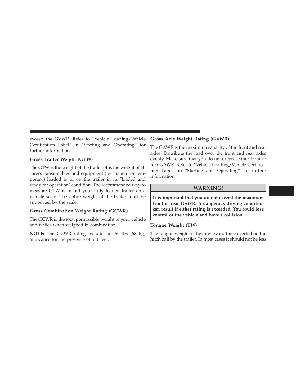 Gross trailer weight (gtw), Gross combination weight rating (gcwr), Gross axle weight rating (gawr) | Tongue weight (tw) | Jeep 2013 Compass User Manual | Page 393 / 517