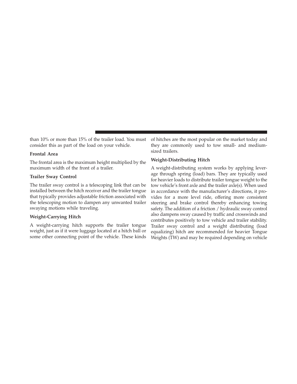 Frontal area, Trailer sway control, Weight-carrying hitch | Weight-distributing hitch | Jeep 2013 Compass User Manual | Page 394 / 517