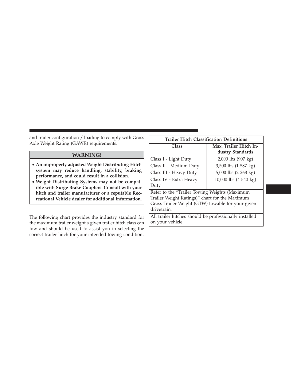 Trailer hitch classification | Jeep 2013 Compass User Manual | Page 395 / 517