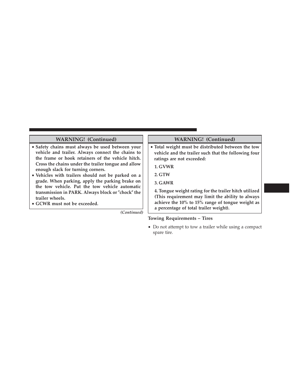 Towing requirements – tires | Jeep 2013 Compass User Manual | Page 399 / 517