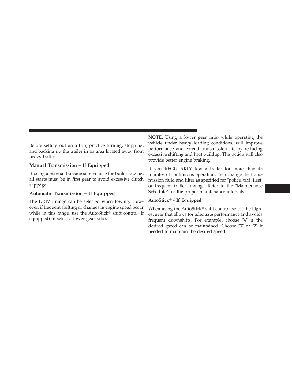 Towing tips, Manual transmission – if equipped, Automatic transmission – if equipped | Jeep 2013 Compass User Manual | Page 403 / 517