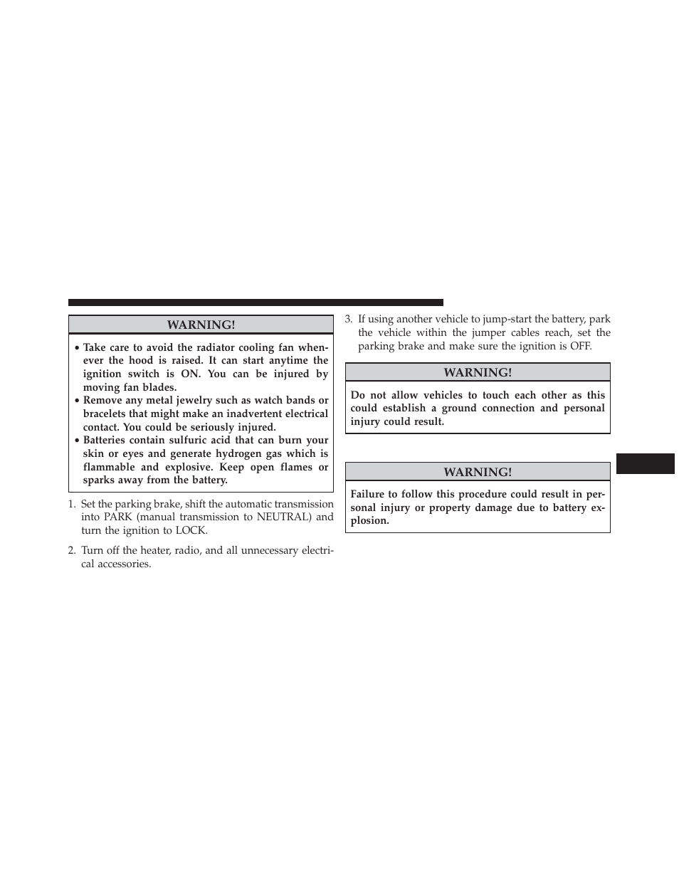 Jump-starting procedure | Jeep 2013 Compass User Manual | Page 423 / 517