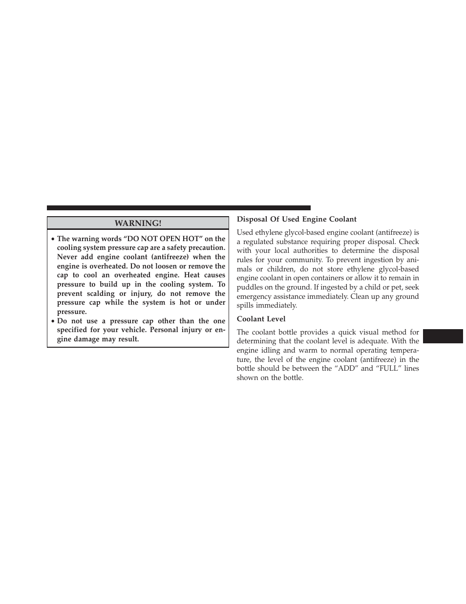 Disposal of used engine coolant, Coolant level | Jeep 2013 Compass User Manual | Page 453 / 517