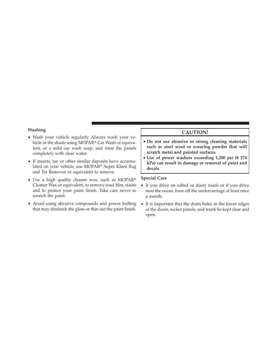 Washing, Special care | Jeep 2013 Compass User Manual | Page 462 / 517