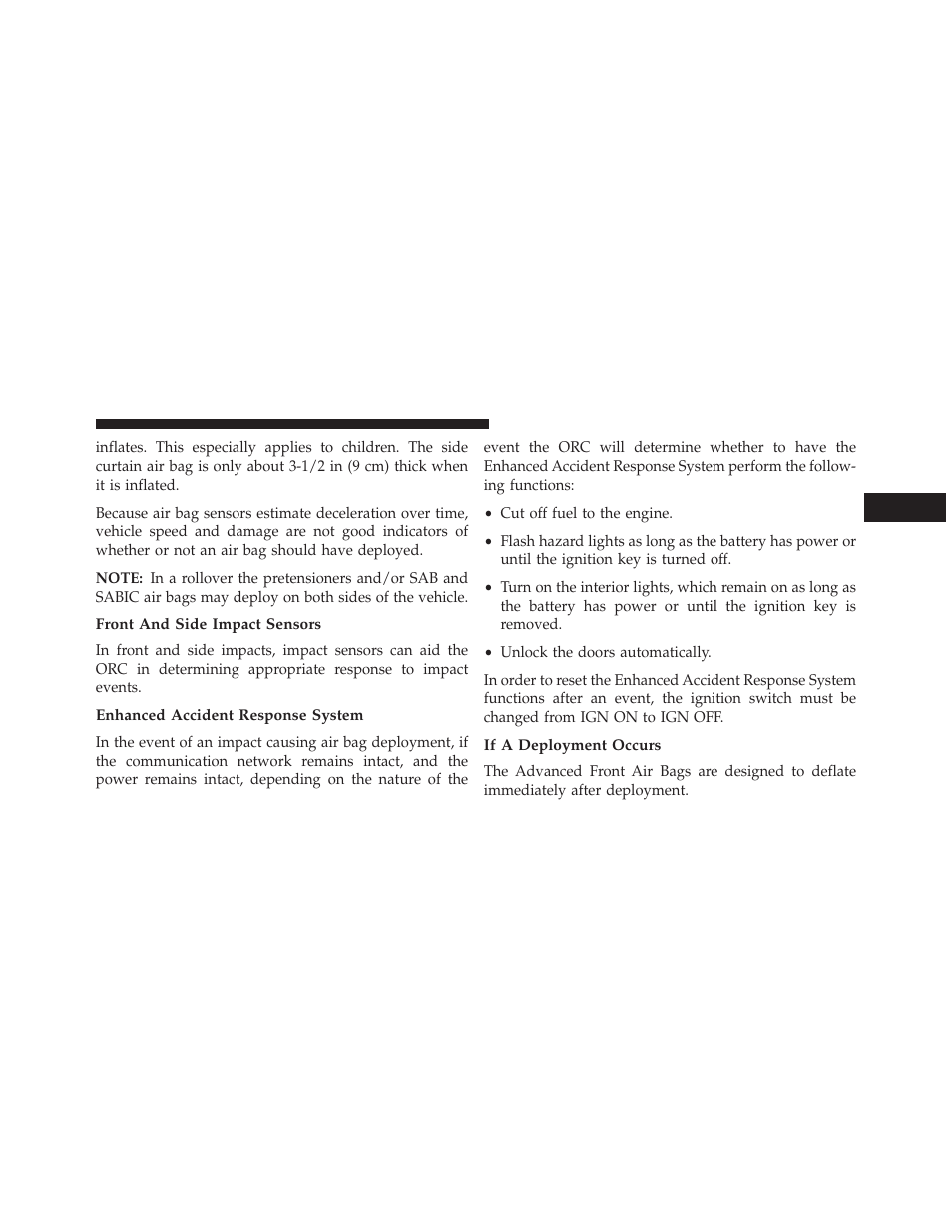 Front and side impact sensors, Enhanced accident response system, If a deployment occurs | Jeep 2013 Compass User Manual | Page 73 / 517