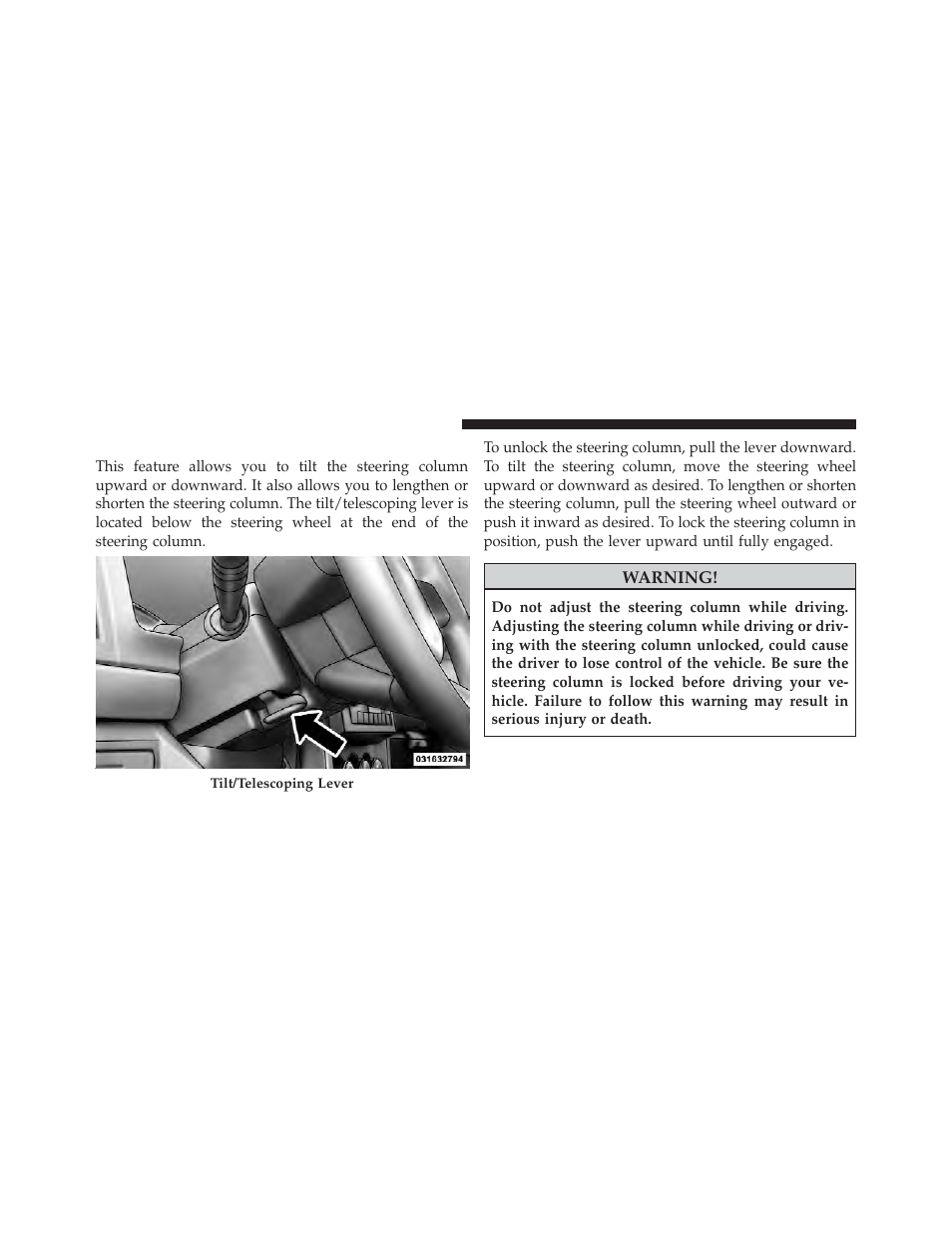 Tilt/telescoping steering column | Jeep 2012 Liberty User Manual | Page 174 / 558