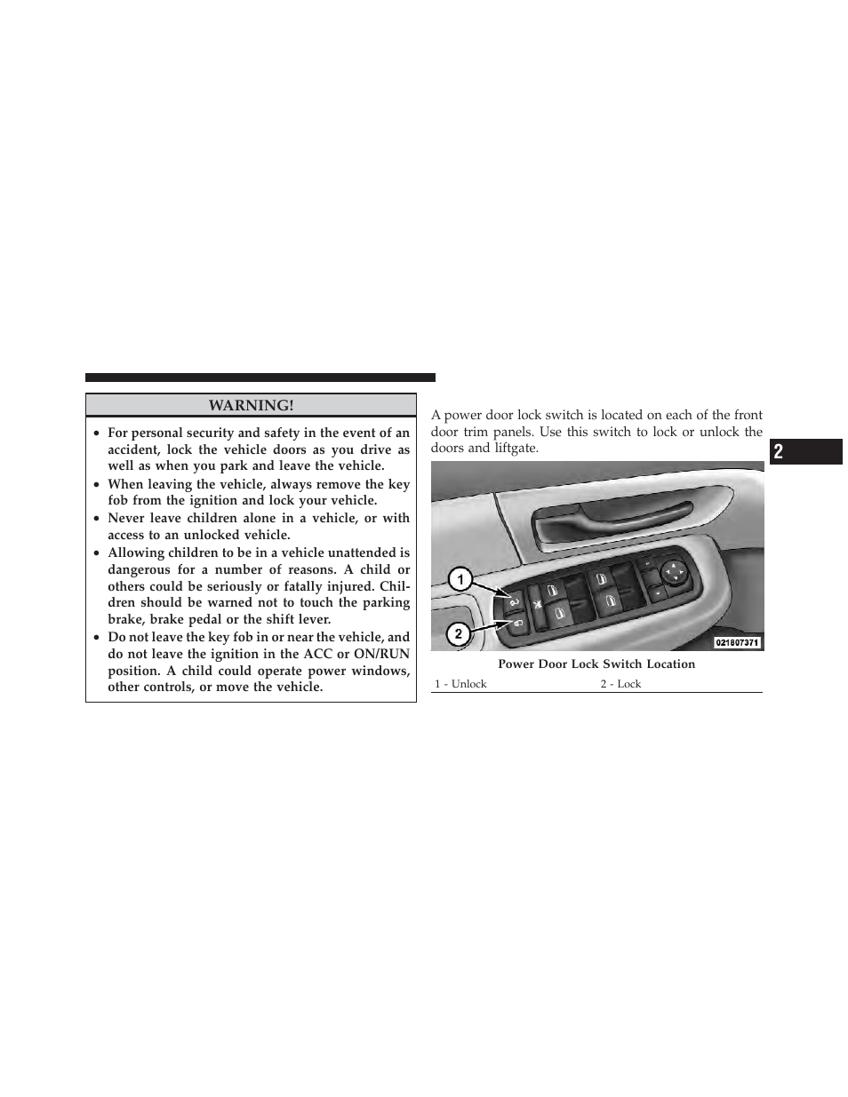 Power door locks | Jeep 2012 Liberty User Manual | Page 33 / 558