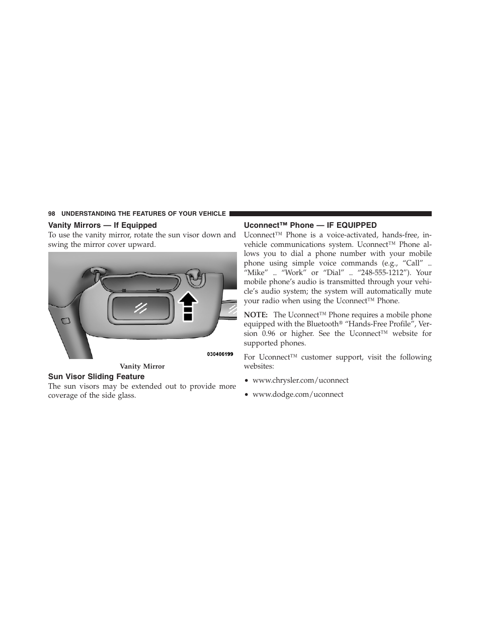 Vanity mirrors — if equipped, Sun visor sliding feature, Uconnect™ phone — if equipped | Jeep 2012 Compass User Manual | Page 100 / 497