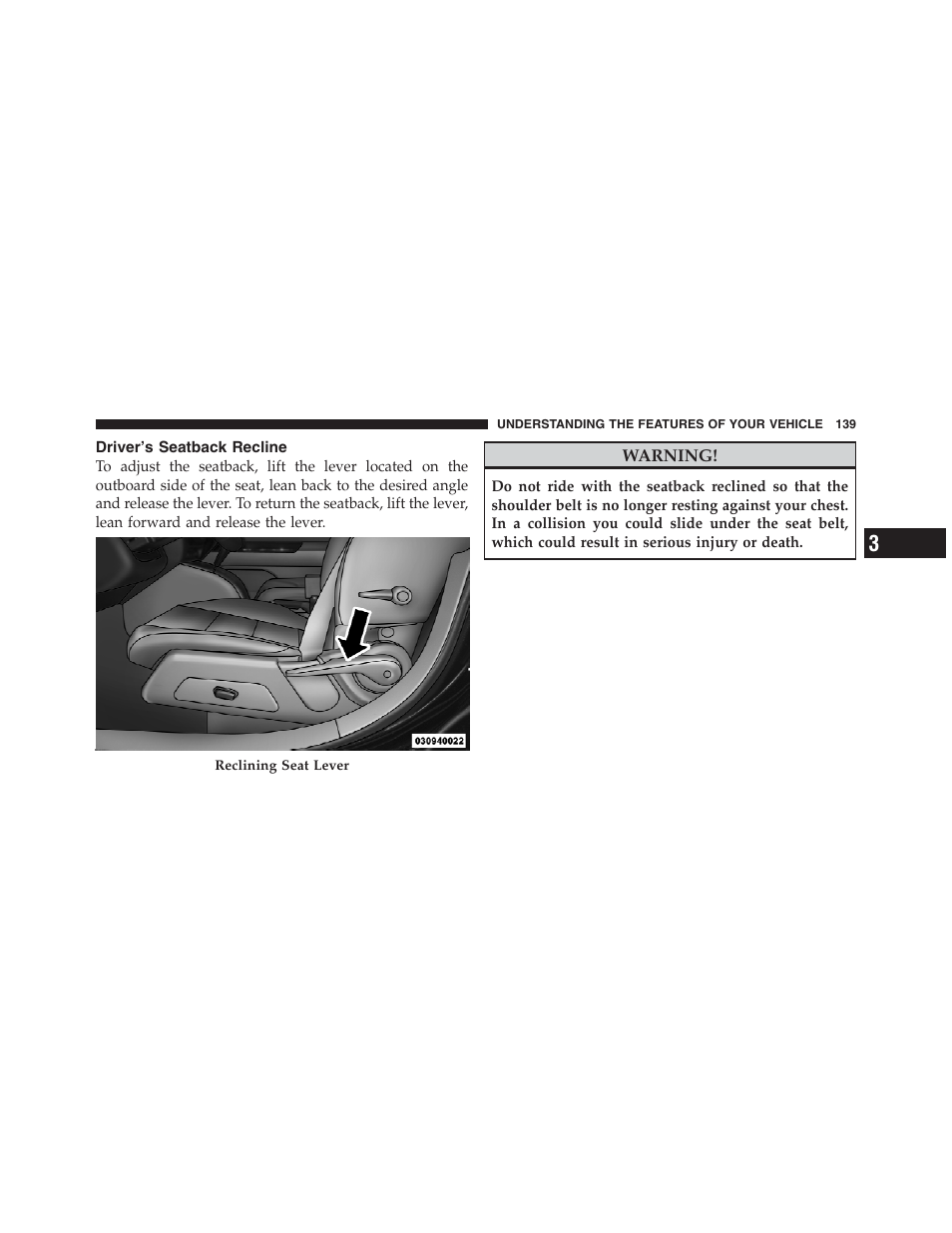 Driver's seatback recline, Driver’s seatback recline | Jeep 2012 Compass User Manual | Page 141 / 497