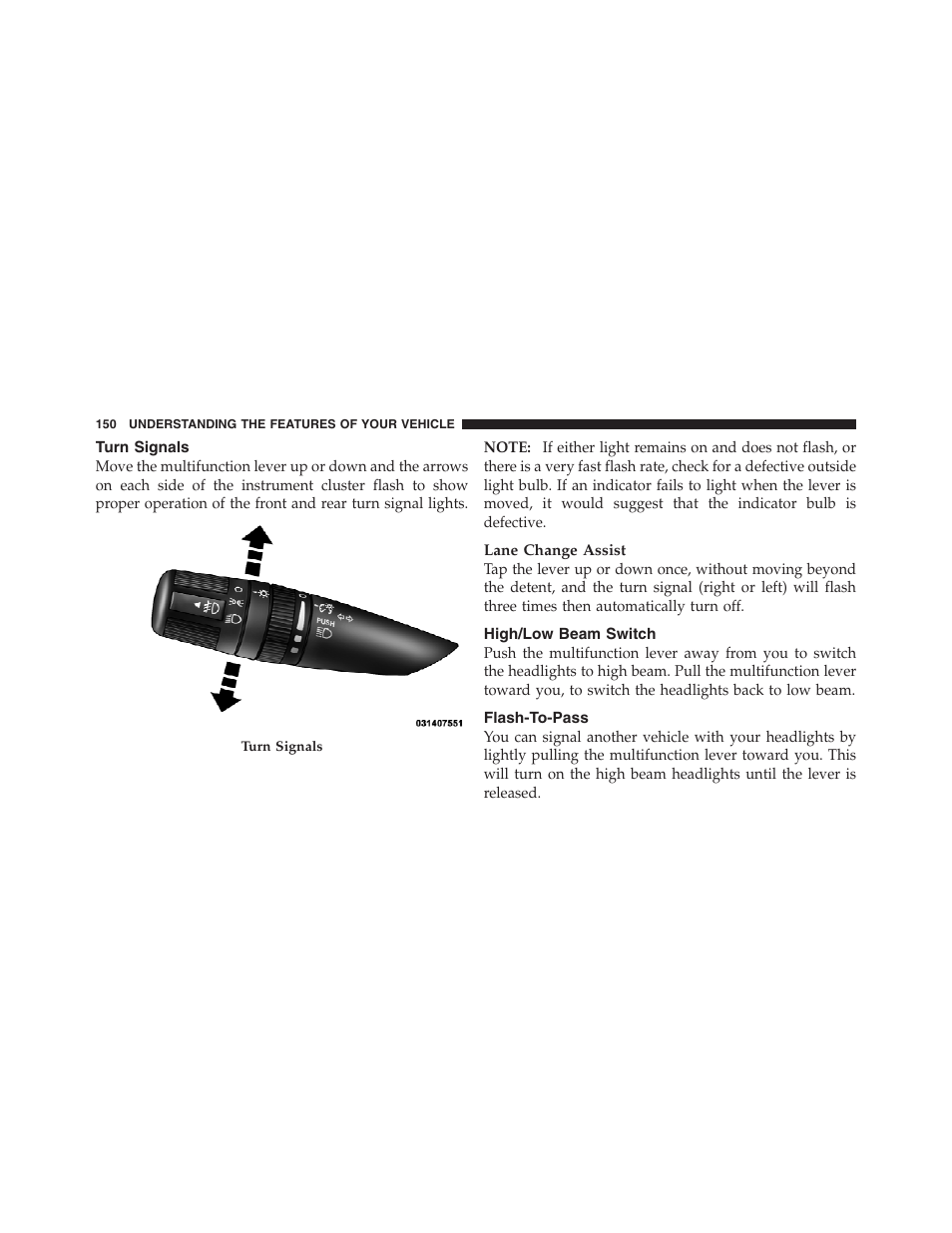 Turn signals, High/low beam switch, Flash-to-pass | Jeep 2012 Compass User Manual | Page 152 / 497