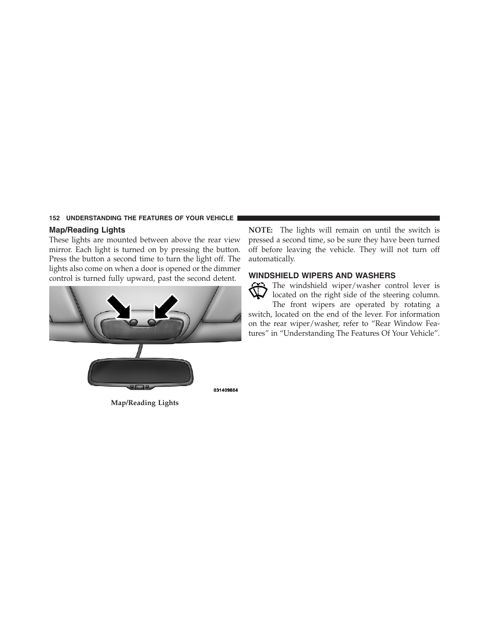 Map/reading lights, Windshield wipers and washers | Jeep 2012 Compass User Manual | Page 154 / 497