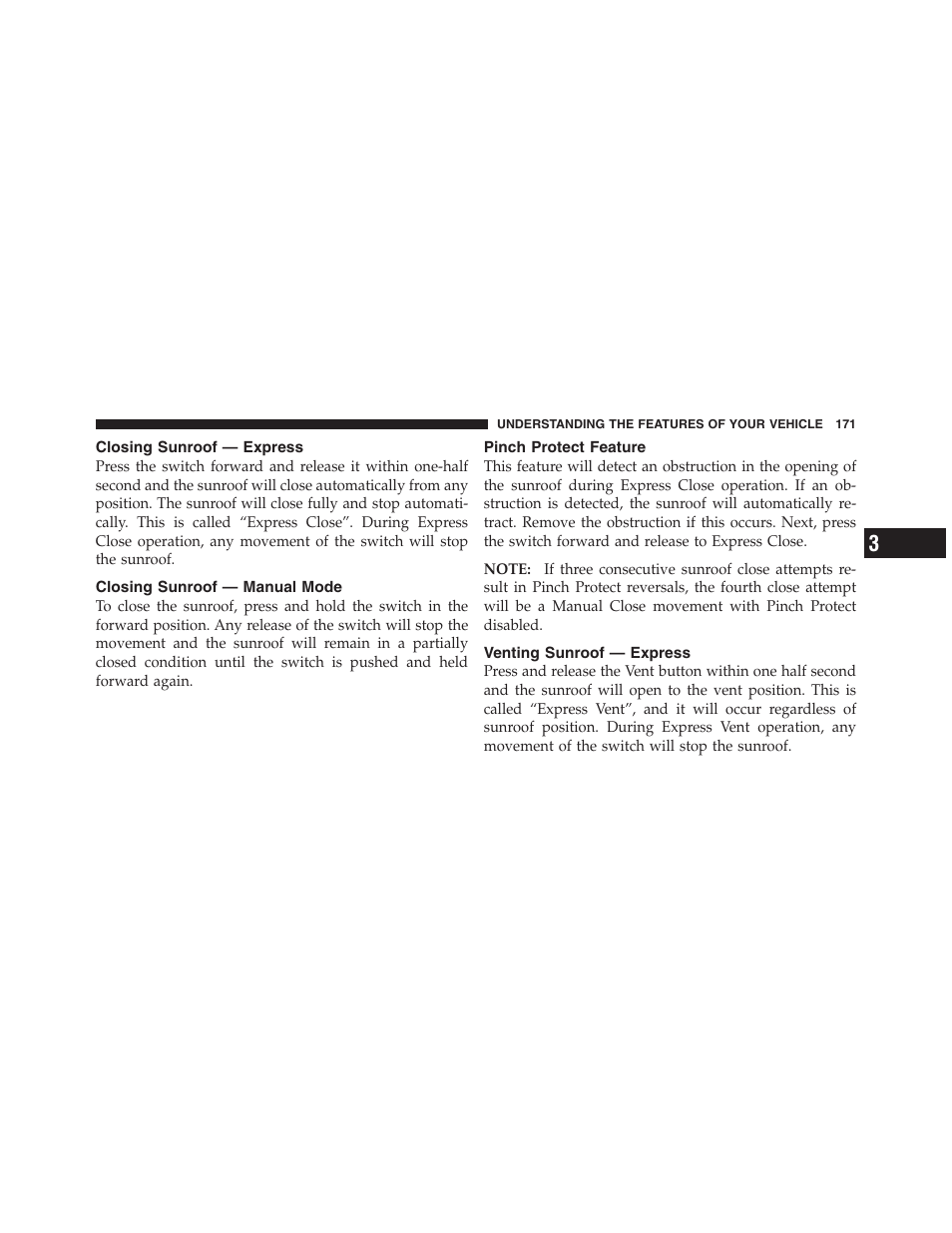 Closing sunroof — express, Closing sunroof — manual mode, Pinch protect feature | Venting sunroof — express | Jeep 2012 Compass User Manual | Page 173 / 497