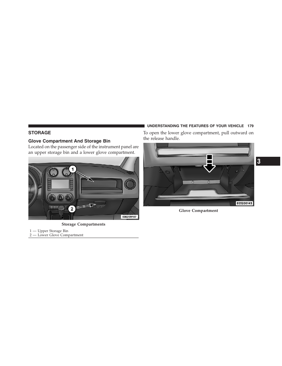 Storage, Glove compartment and storage bin | Jeep 2012 Compass User Manual | Page 181 / 497