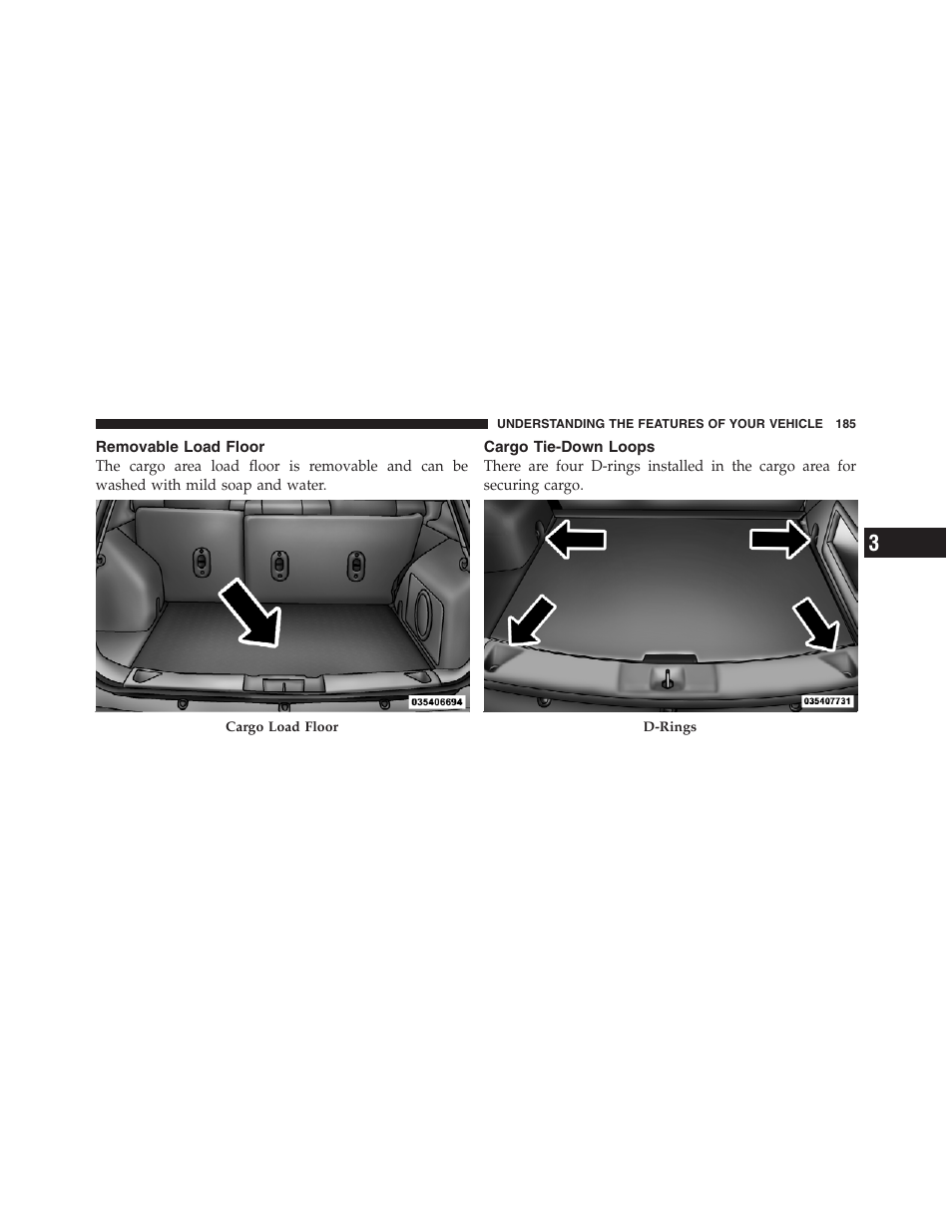 Removable load floor, Cargo tie-down loops | Jeep 2012 Compass User Manual | Page 187 / 497