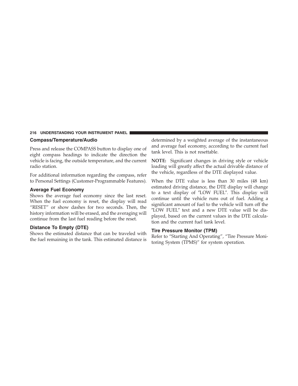 Compass/temperature/audio, Average fuel economy, Distance to empty (dte) | Tire pressure monitor (tpm) | Jeep 2012 Compass User Manual | Page 218 / 497