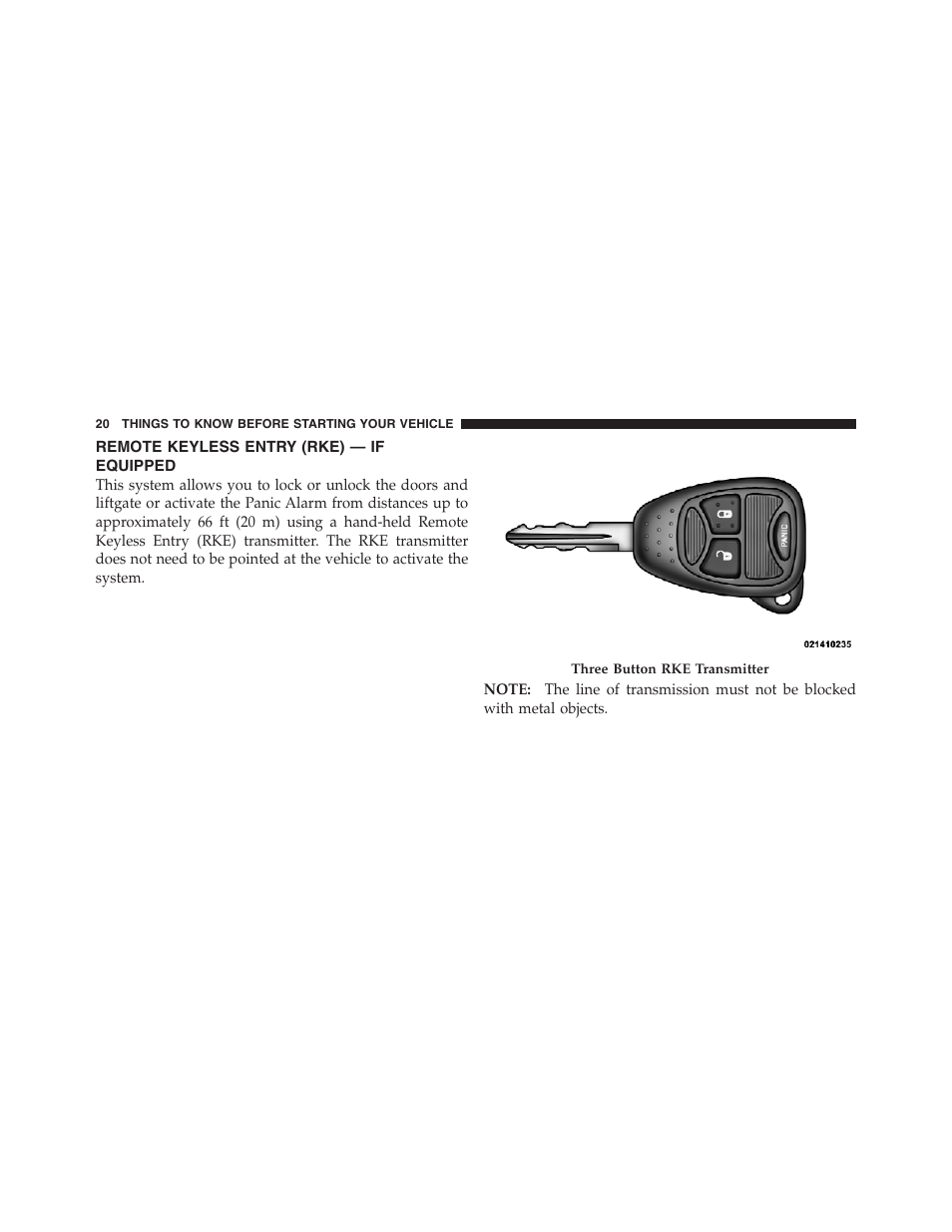 Remote keyless entry (rke) — if equipped | Jeep 2012 Compass User Manual | Page 22 / 497