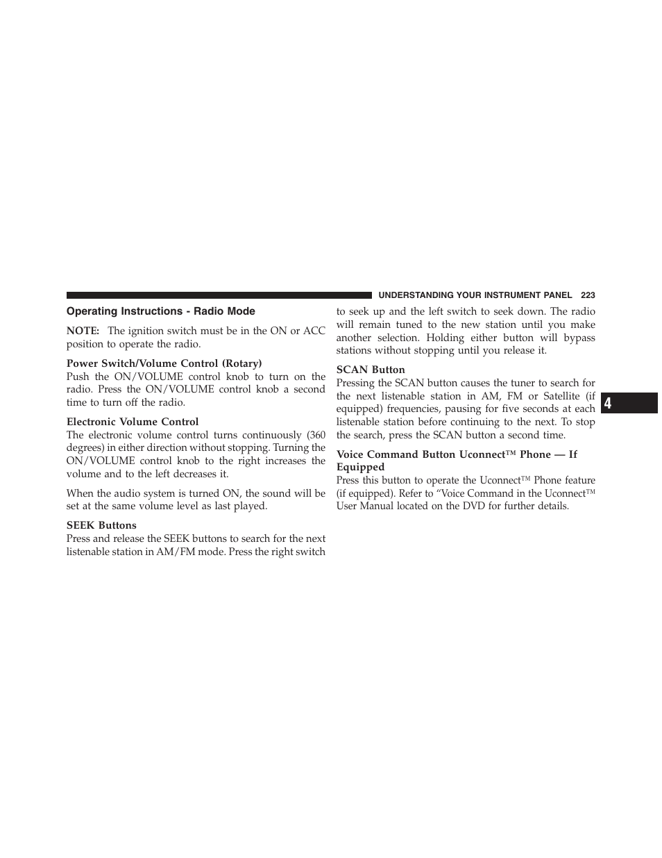 Operating instructions - radio mode | Jeep 2012 Compass User Manual | Page 225 / 497