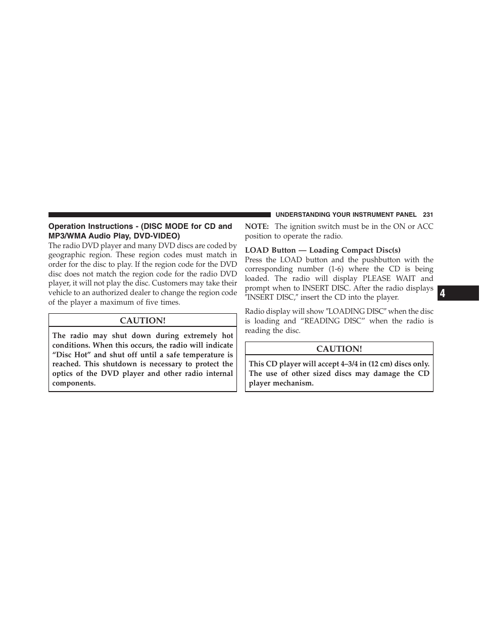 Operation instructions - (disc mode for cd, And mp3/wma audio play, dvd-video) | Jeep 2012 Compass User Manual | Page 233 / 497