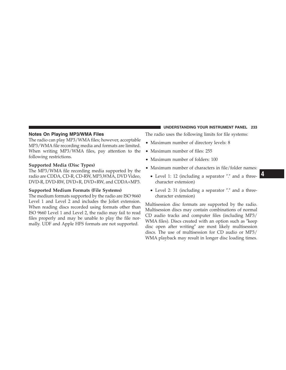 Notes on playing mp3/wma files | Jeep 2012 Compass User Manual | Page 235 / 497