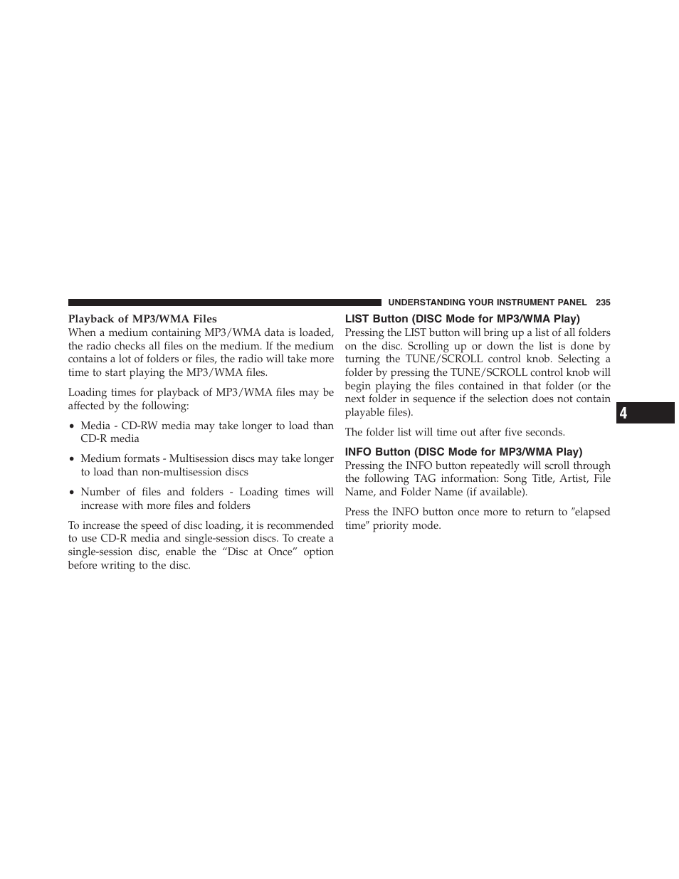 List button (disc mode for mp3/wma play), Info button (disc mode for mp3/wma play), List button | Disc mode for mp3/wma play), Info button | Jeep 2012 Compass User Manual | Page 237 / 497