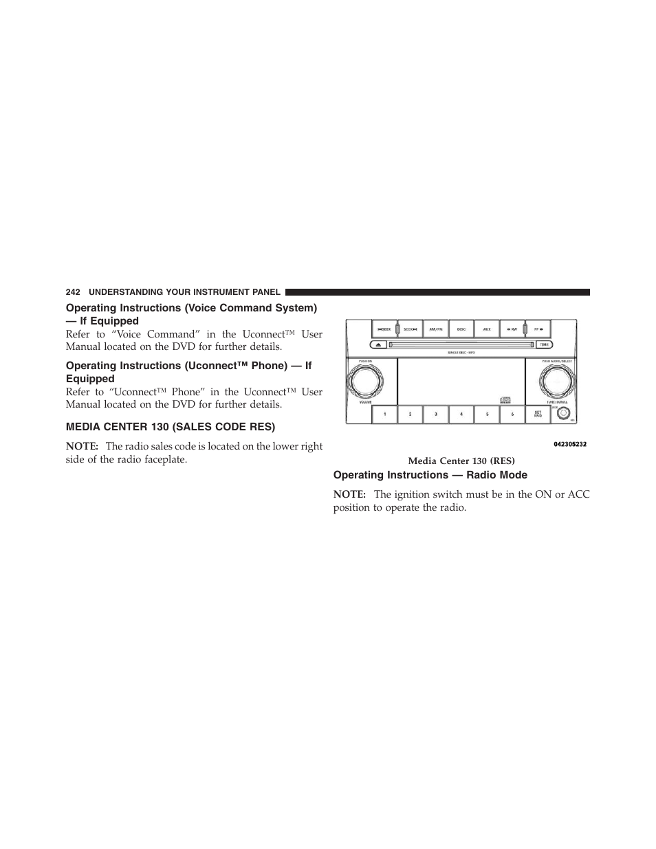 Media center 130 (sales code res), Operating instructions — radio mode, Operating instructions (voice command | System) — if equipped, Operating instructions, Uconnect™ phone) — if equipped | Jeep 2012 Compass User Manual | Page 244 / 497