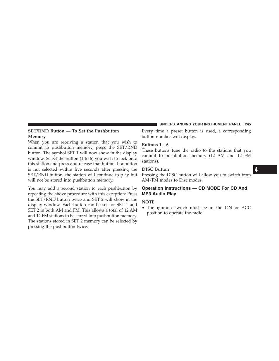 Operation instructions — cd mode for cd, And mp3 audio play | Jeep 2012 Compass User Manual | Page 247 / 497