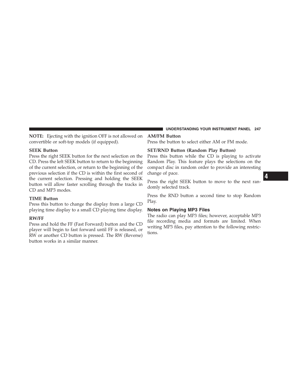 Notes on playing mp3 files | Jeep 2012 Compass User Manual | Page 249 / 497