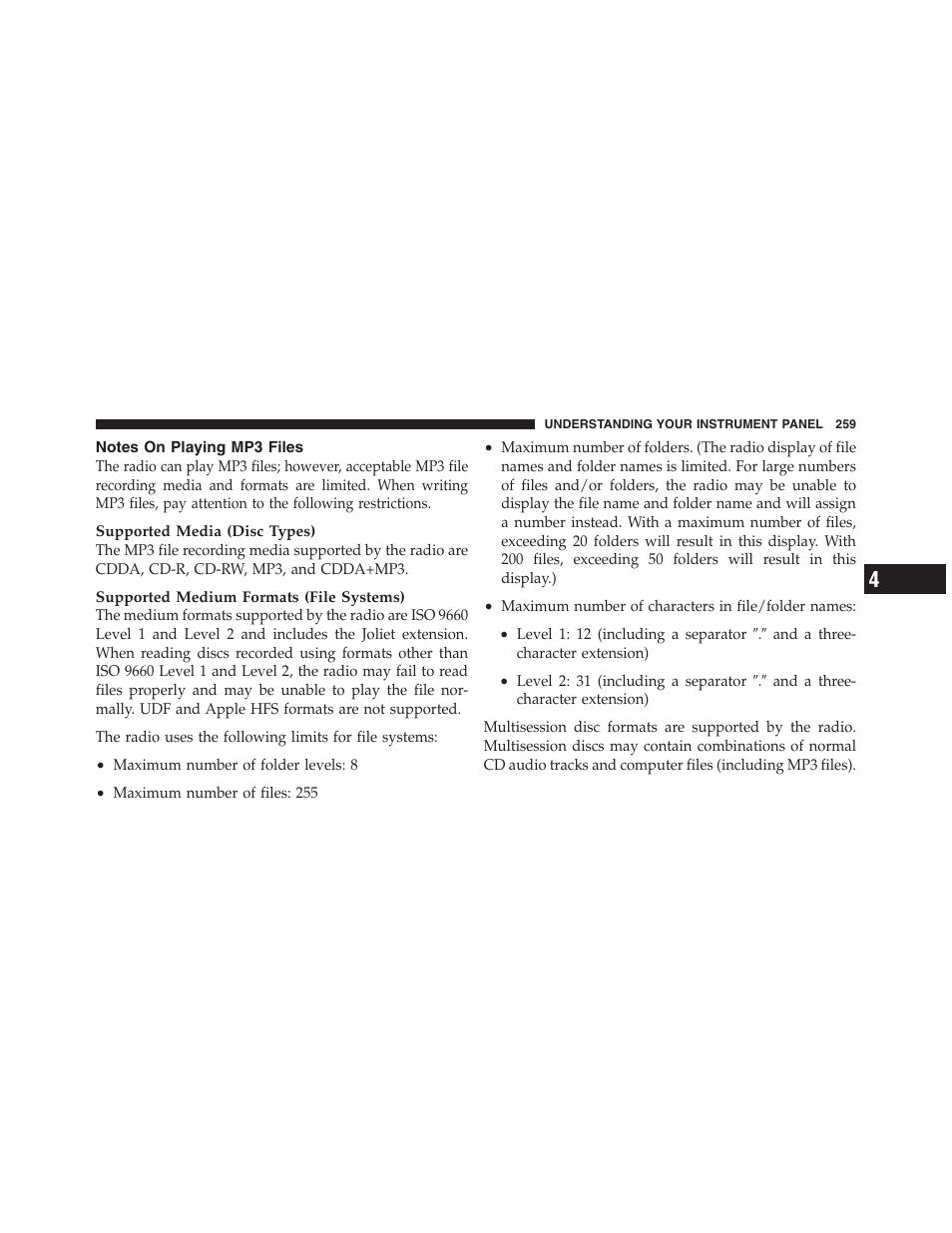Notes on playing mp3 files | Jeep 2012 Compass User Manual | Page 261 / 497
