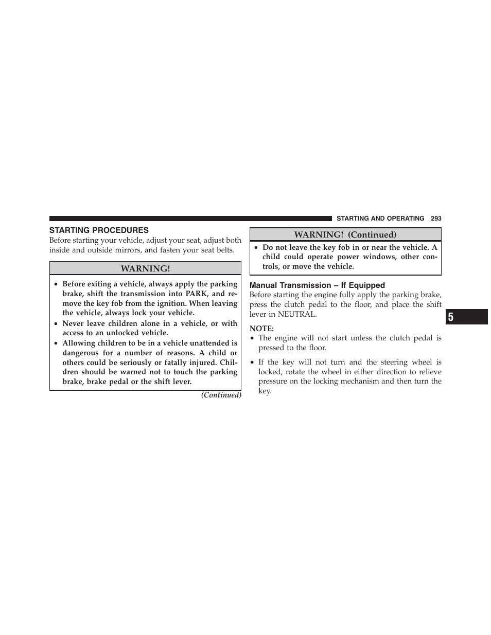 Starting procedures, Manual transmission – if equipped | Jeep 2012 Compass User Manual | Page 295 / 497