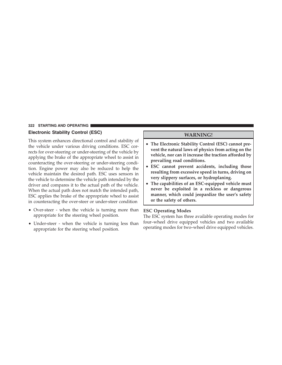 Electronic stability control (esc) | Jeep 2012 Compass User Manual | Page 324 / 497