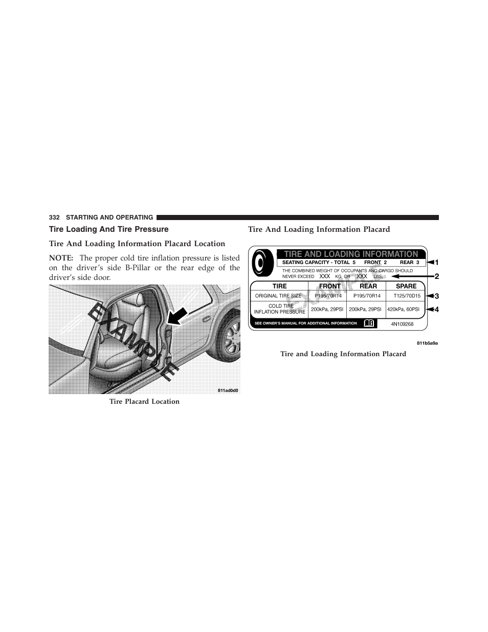 Tire loading and tire pressure | Jeep 2012 Compass User Manual | Page 334 / 497