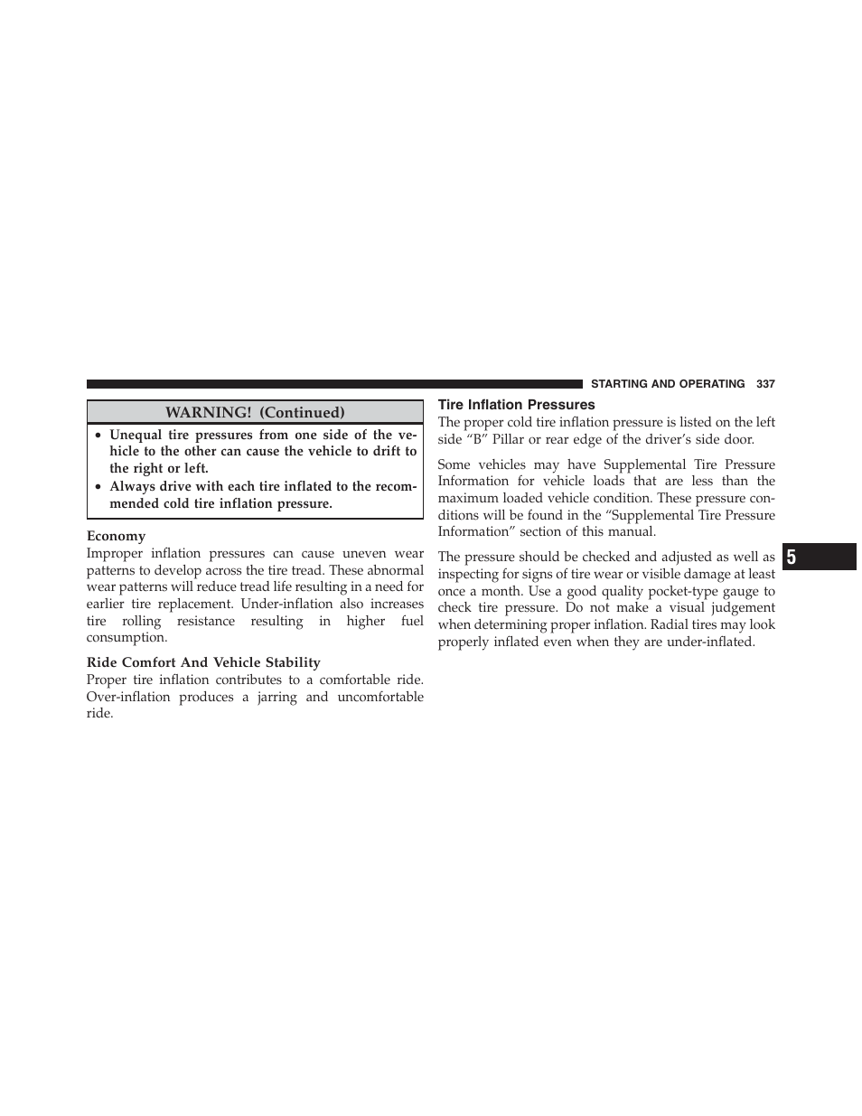 Tire inflation pressures | Jeep 2012 Compass User Manual | Page 339 / 497