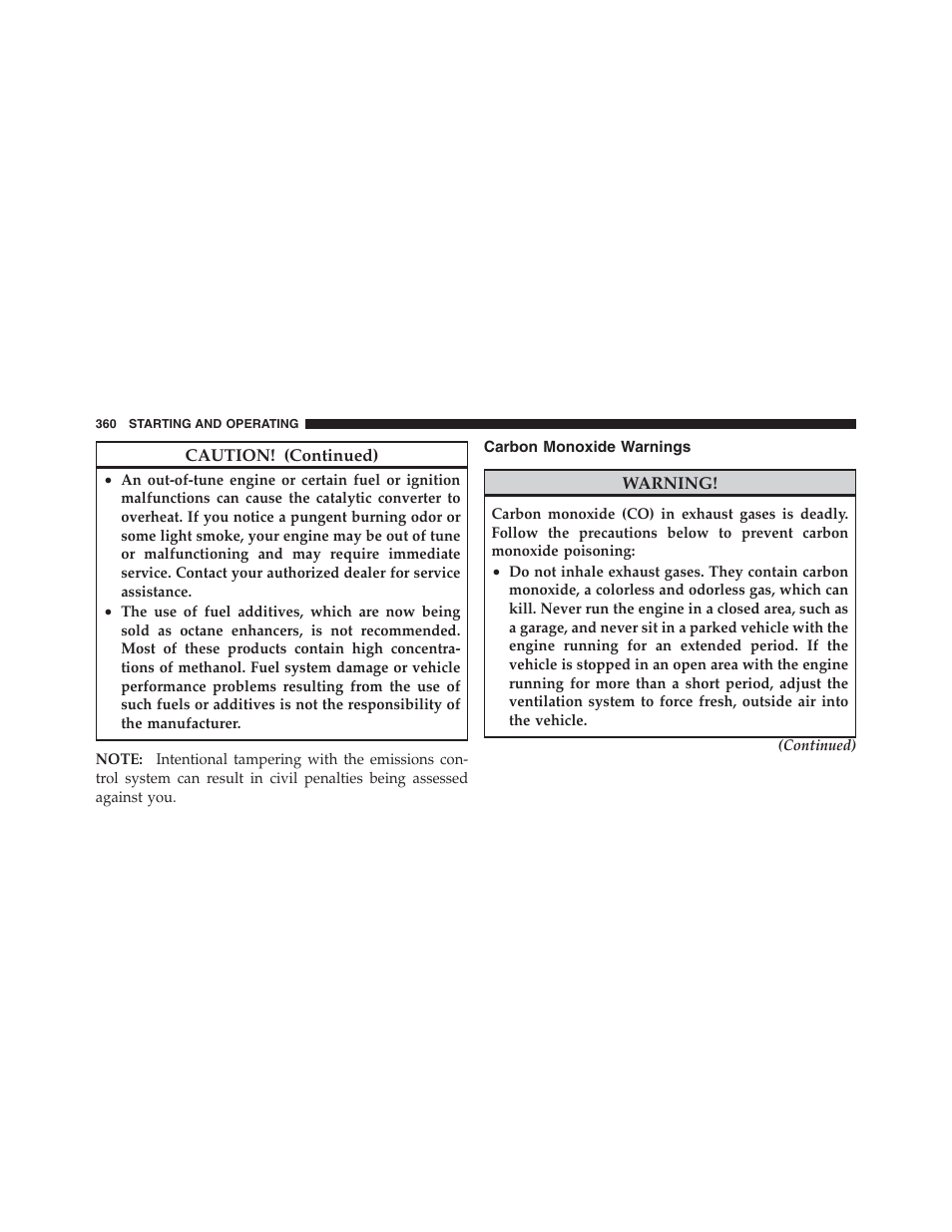 Carbon monoxide warnings | Jeep 2012 Compass User Manual | Page 362 / 497