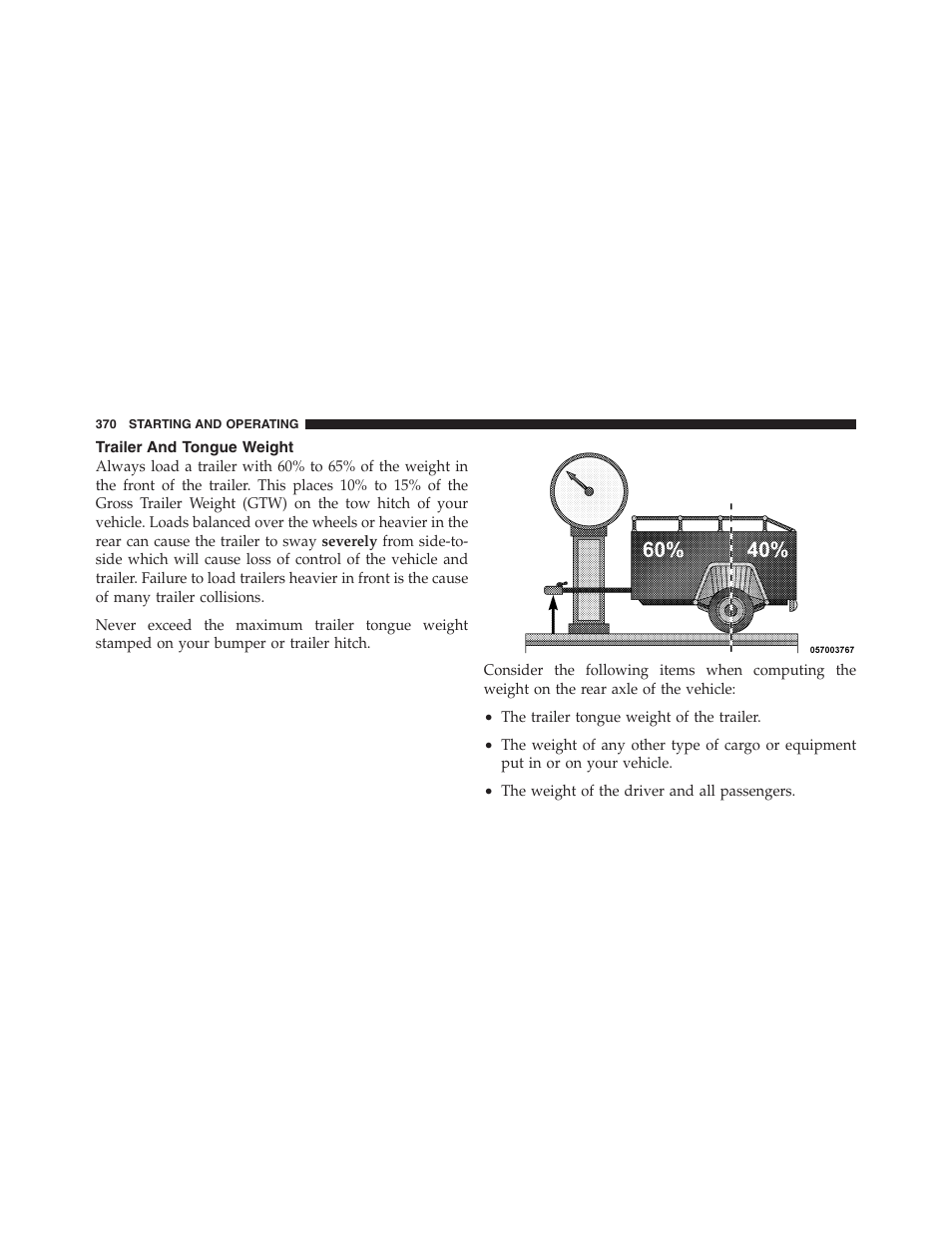 Trailer and tongue weight | Jeep 2012 Compass User Manual | Page 372 / 497