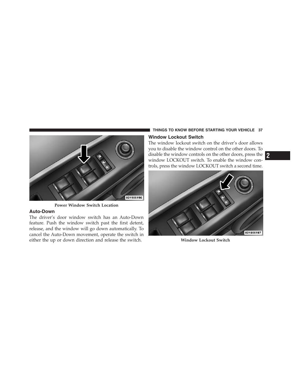 Auto-down, Window lockout switch | Jeep 2012 Compass User Manual | Page 39 / 497