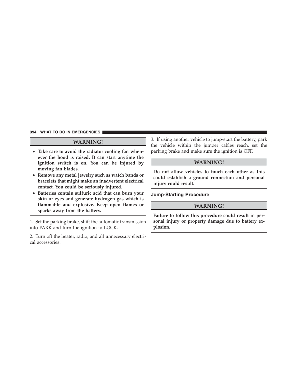 Jump-starting procedure | Jeep 2012 Compass User Manual | Page 396 / 497