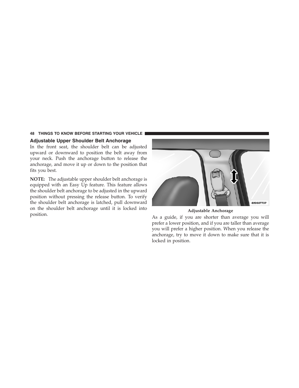 Adjustable upper shoulder belt anchorage | Jeep 2012 Compass User Manual | Page 50 / 497