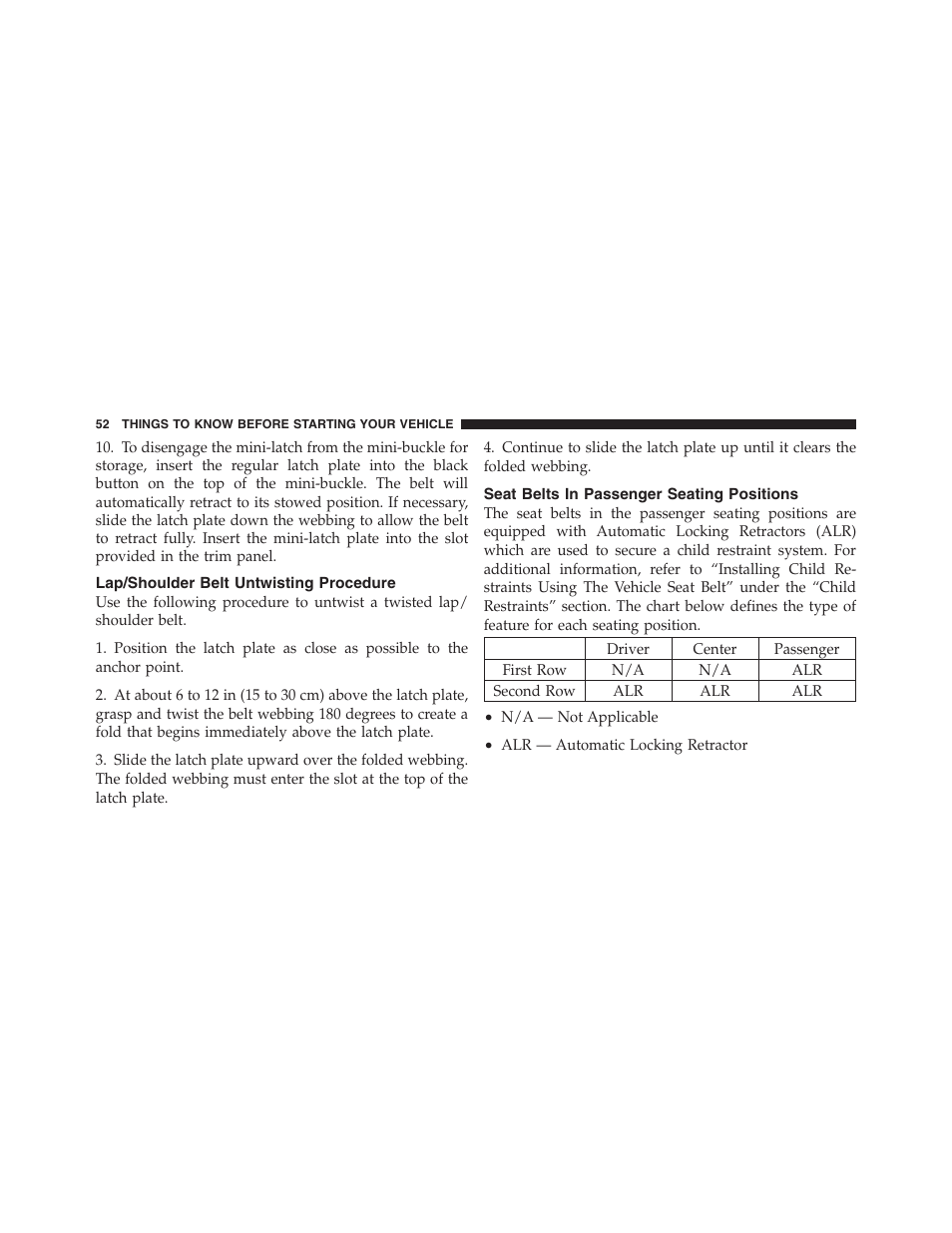 Lap/shoulder belt untwisting procedure, Seat belts in passenger seating positions | Jeep 2012 Compass User Manual | Page 54 / 497