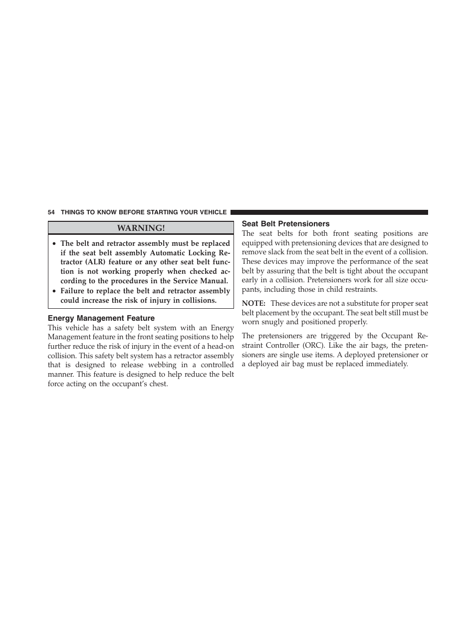 Energy management feature, Seat belt pretensioners | Jeep 2012 Compass User Manual | Page 56 / 497