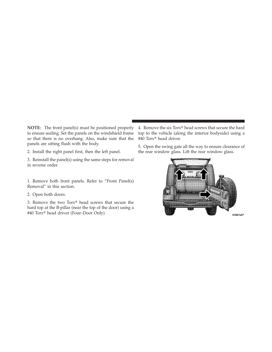 Rear hard top removal | Jeep 2011 Wrangler User Manual | Page 186 / 603